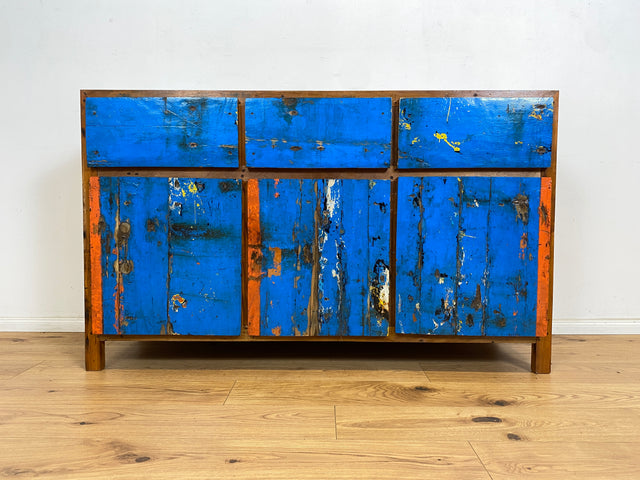 Boatwood by WMK # Wunderschönes meeresblaues Sideboard mit Schubladen, ein aus altem Bootsholz handgefertigtes Unikat aus massivem Teakholz # Schrank Kommode Anrichte Fernsehkommode Wäschekommode Teak