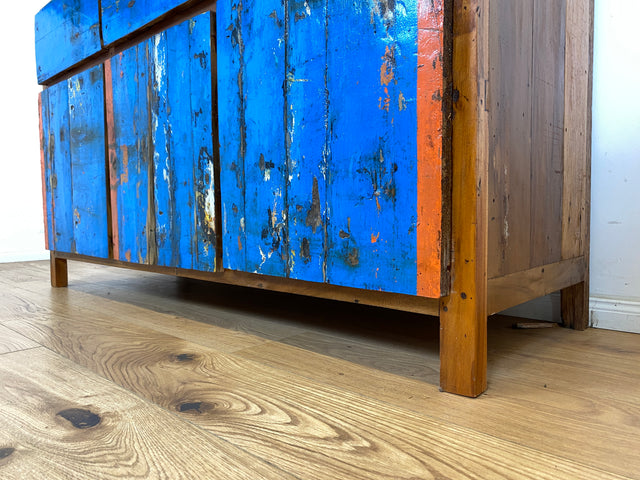 Boatwood by WMK # Wunderschönes meeresblaues Sideboard mit Schubladen, ein aus altem Bootsholz handgefertigtes Unikat aus massivem Teakholz # Schrank Kommode Anrichte Fernsehkommode Wäschekommode Teak