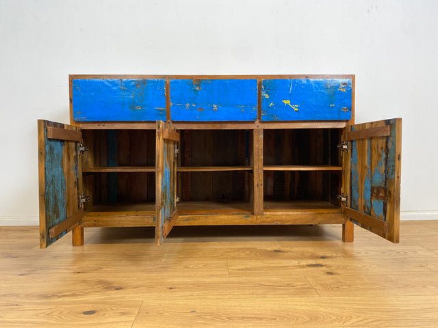 Boatwood by WMK # Wunderschönes meeresblaues Sideboard mit Schubladen, ein aus altem Bootsholz handgefertigtes Unikat aus massivem Teakholz # Schrank Kommode Anrichte Fernsehkommode Wäschekommode Teak