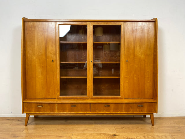 WMK I Stilvoller heller Mid-Century Wohnzimmerschrank mit Vitrine und Schubladen I Highboard Bücherschrank Büchervitrine Schrank Sideboard Glasvitrine 50er 60er Vintage I