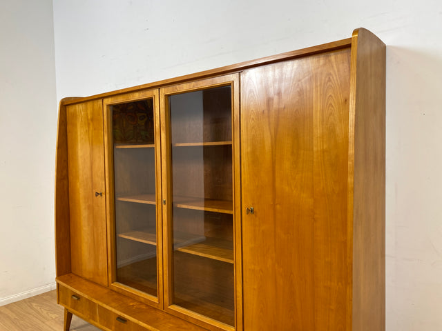 WMK I Stilvoller heller Mid-Century Wohnzimmerschrank mit Vitrine und Schubladen I Highboard Bücherschrank Büchervitrine Schrank Sideboard Glasvitrine 50er 60er Vintage I