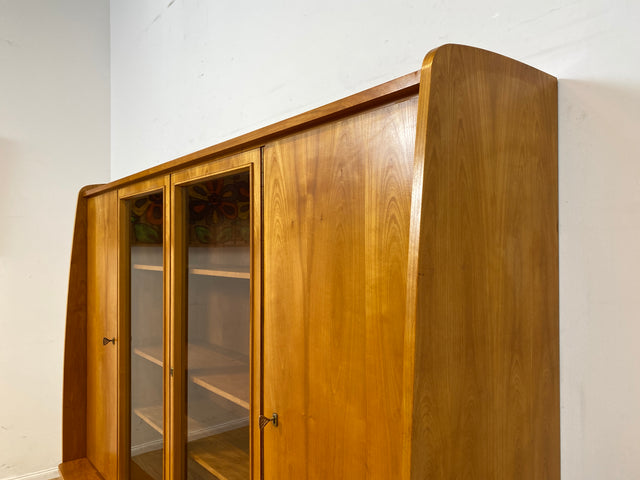 WMK I Stilvoller heller Mid-Century Wohnzimmerschrank mit Vitrine und Schubladen I Highboard Bücherschrank Büchervitrine Schrank Sideboard Glasvitrine 50er 60er Vintage I
