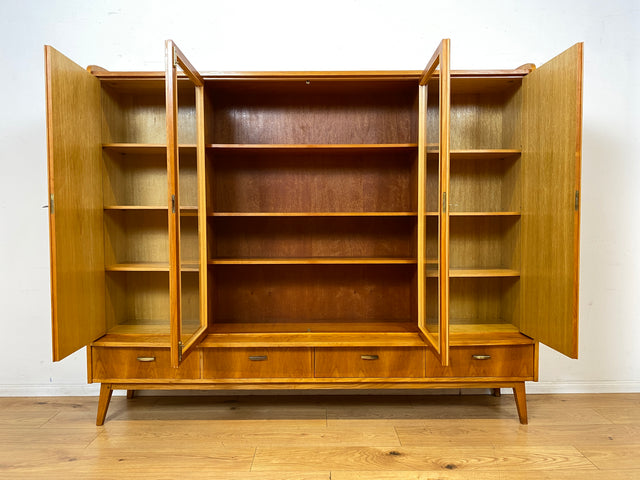 WMK I Stilvoller heller Mid-Century Wohnzimmerschrank mit Vitrine und Schubladen I Highboard Bücherschrank Büchervitrine Schrank Sideboard Glasvitrine 50er 60er Vintage I