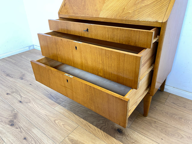 WMK Stilvoller skandinavischer 50er Jahre Sekretär aus vollem Holz mit stabiler Schreibplatte & vielen Schubladen # Schreibschrank Desk Schreibtisch Schubladenkommode Kommode Mid-Century Vintage 60er