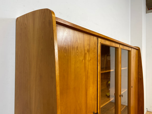 WMK I Stilvoller heller Mid-Century Wohnzimmerschrank mit Vitrine und Schubladen I Highboard Bücherschrank Büchervitrine Schrank Sideboard Glasvitrine 50er 60er Vintage I