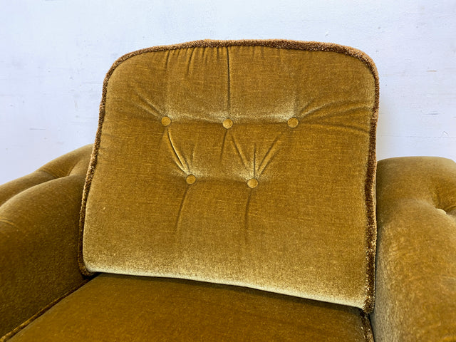 WMK Sehr schöner und äußerst gemütlicher skandinavischer Vintage Sessel mit weichem gestepptem Samtbezug & zeittypischen Fransen # Lesesessel Fernsehsessel Armchair Sitzgarnitur Samt Mid-Century Retro