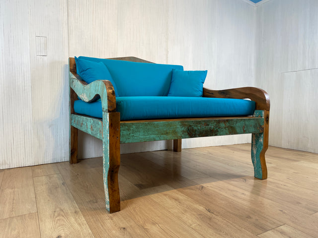 Boatwood by WMK # Besonderes kleines Sofa aus altem Bootsholz, ein handgefertigtes Unikat aus massivem Teakholz mit neuer Polsterung & Kissen # Couch Sessel Loungesessel Liege Loveseat Bootsmöbel Blau