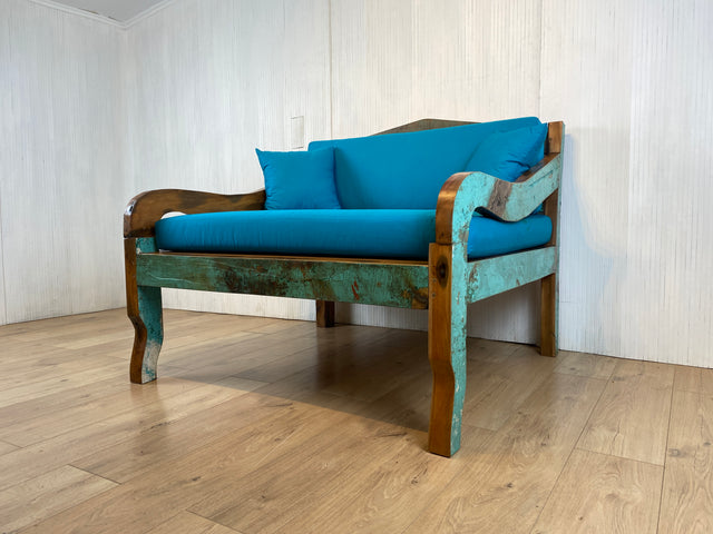 Boatwood by WMK # Besonderes kleines Sofa aus altem Bootsholz, ein handgefertigtes Unikat aus massivem Teakholz mit neuer Polsterung & Kissen # Couch Sessel Loungesessel Liege Loveseat Bootsmöbel Blau