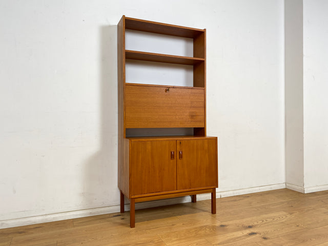 WMK Stilvoller skandinavischer Bücherschrank in Teakholz mit verstell. Regalböden , verspiegeltem Barfach und Holzgriffen # Highboard Bücherregal Regal Barschrank Barkommode Bar Vintage Danish Design