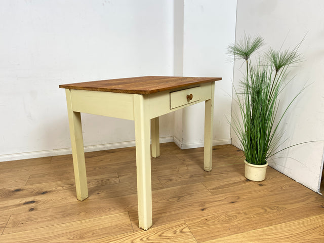 WMK Hübscher, schlichter und stabiler 30er Jahre Küchentisch mit Schublade & cremefarbigen Holzgestell # Esstisch Tisch Esszimmertisch Bauerntisch Dining Table Holztisch Mid-Century Vintage 40er 50er