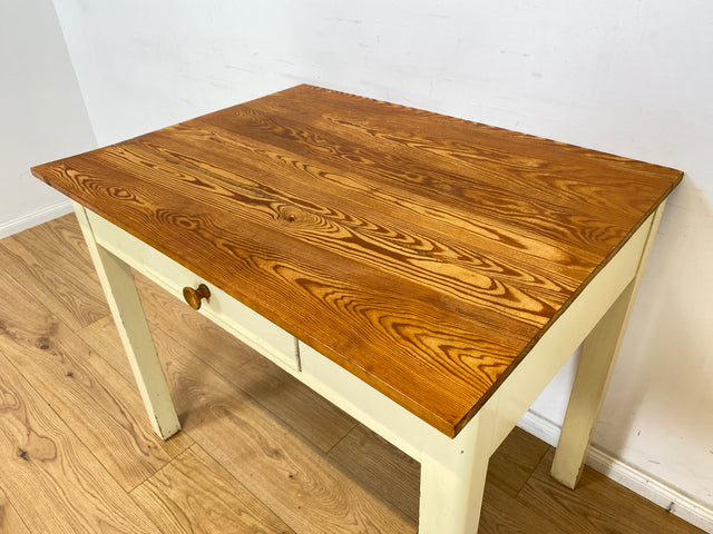 WMK Hübscher, schlichter und stabiler 30er Jahre Küchentisch mit Schublade & cremefarbigen Holzgestell # Esstisch Tisch Esszimmertisch Bauerntisch Dining Table Holztisch Mid-Century Vintage 40er 50er