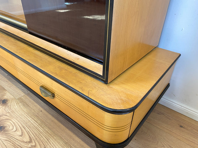 WMK Stilvoller und gut erhaltener Mid-Century Wohnzimmerschrank mit Vitrine , verspiegelter Bar , Schiebetüren und Schubladen # Highboard Sideboard Schrankwand Rockabilly Barschrank Vintage 50er 60er