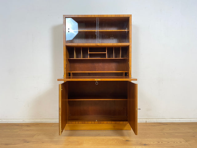 WMK Hochwertiger & sehr schöner Mid-Century Schreibschrank aus vollem Holz von Brumax aus 1959, mit Vitrine und stabiler Schreibplatte # Sekretär Schreibtisch Desk Highboard Bücherschrank Vintage 50er