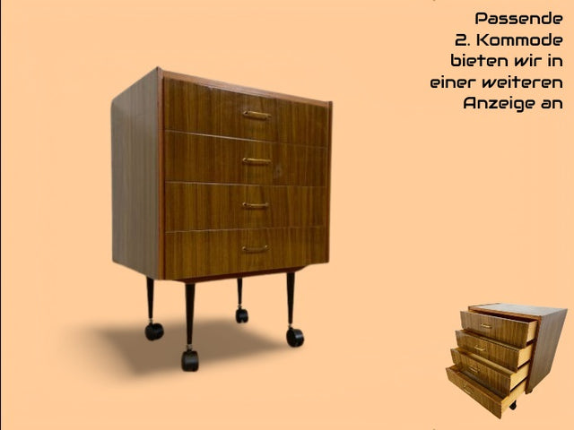 WMK I Hübsche kleine dunkle 70er Jahre DDR Kommode mit Schubladen , formschönen Messinggriffen & Metallfüßen I Schränkchen Tisch Nacht Wäsche Flur Beistell Bad Retro Vintage VEB Berlin Hamburg Bochum