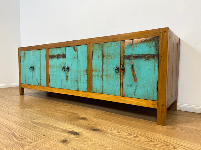 Boatwood by WMK # Schönes langes Sideboard in Meeresblau, ein aus altem Bootsholz handgefertigtes Unikat aus massivem Teakholz # Kommode Lowboard TV-Lowboard TV-Board TV-Bank Anrichte Bootsmöbel Teak