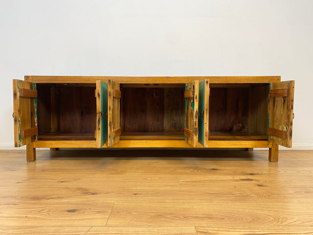 Boatwood by WMK # Schönes langes Sideboard in Meeresblau, ein aus altem Bootsholz handgefertigtes Unikat aus massivem Teakholz # Kommode Lowboard TV-Lowboard TV-Board TV-Bank Anrichte Bootsmöbel Teak