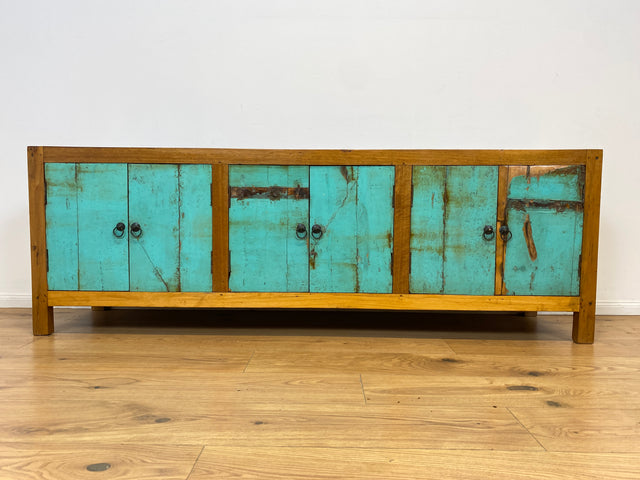 Boatwood by WMK # Schönes langes Sideboard in Meeresblau, ein aus altem Bootsholz handgefertigtes Unikat aus massivem Teakholz # Kommode Lowboard TV-Lowboard TV-Board TV-Bank Anrichte Bootsmöbel Teak