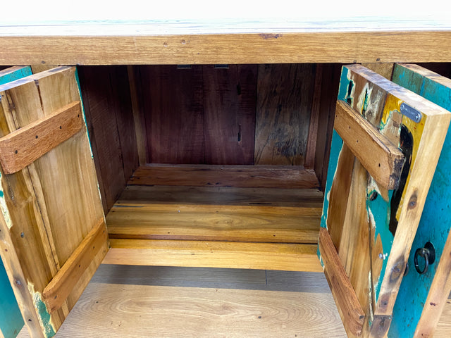 Boatwood by WMK # Schönes langes Sideboard in Meeresblau, ein aus altem Bootsholz handgefertigtes Unikat aus massivem Teakholz # Kommode Lowboard TV-Lowboard TV-Board TV-Bank Anrichte Bootsmöbel Teak