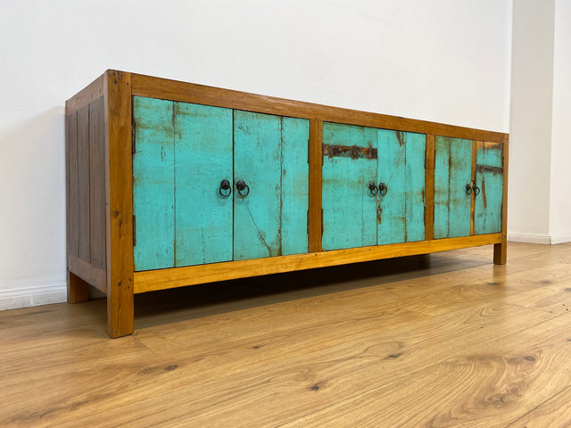 Boatwood by WMK # Schönes langes Sideboard in Meeresblau, ein aus altem Bootsholz handgefertigtes Unikat aus massivem Teakholz # Kommode Lowboard TV-Lowboard TV-Board TV-Bank Anrichte Bootsmöbel Teak