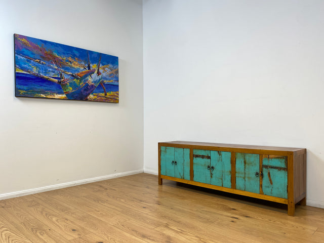 Boatwood by WMK # Schönes langes Sideboard in Meeresblau, ein aus altem Bootsholz handgefertigtes Unikat aus massivem Teakholz # Kommode Lowboard TV-Lowboard TV-Board TV-Bank Anrichte Bootsmöbel Teak