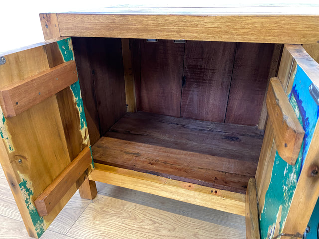 Boatwood by WMK # Schönes langes Sideboard in Meeresblau, ein aus altem Bootsholz handgefertigtes Unikat aus massivem Teakholz # Kommode Lowboard TV-Lowboard TV-Board TV-Bank Anrichte Bootsmöbel Teak