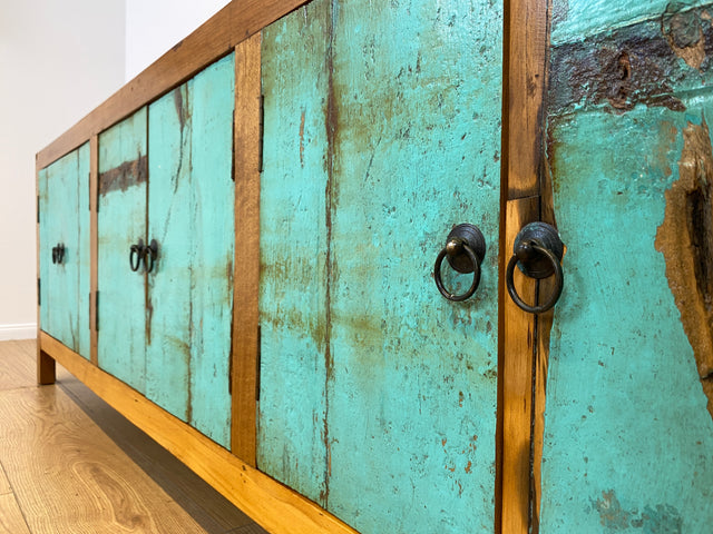 Boatwood by WMK # Schönes langes Sideboard in Meeresblau, ein aus altem Bootsholz handgefertigtes Unikat aus massivem Teakholz # Kommode Lowboard TV-Lowboard TV-Board TV-Bank Anrichte Bootsmöbel Teak