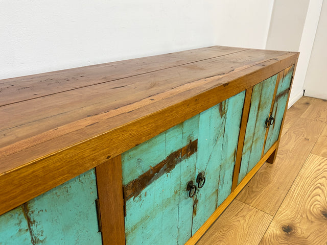 Boatwood by WMK # Schönes langes Sideboard in Meeresblau, ein aus altem Bootsholz handgefertigtes Unikat aus massivem Teakholz # Kommode Lowboard TV-Lowboard TV-Board TV-Bank Anrichte Bootsmöbel Teak