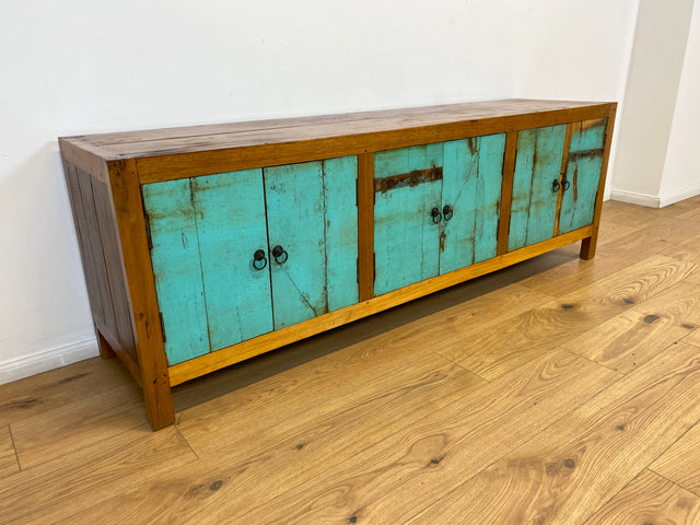 Boatwood by WMK # Schönes langes Sideboard in Meeresblau, ein aus altem Bootsholz handgefertigtes Unikat aus massivem Teakholz # Kommode Lowboard TV-Lowboard TV-Board TV-Bank Anrichte Bootsmöbel Teak