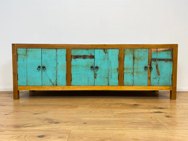 Boatwood by WMK # Schönes langes Sideboard in Meeresblau, ein aus altem Bootsholz handgefertigtes Unikat aus massivem Teakholz # Kommode Lowboard TV-Lowboard TV-Board TV-Bank Anrichte Bootsmöbel Teak