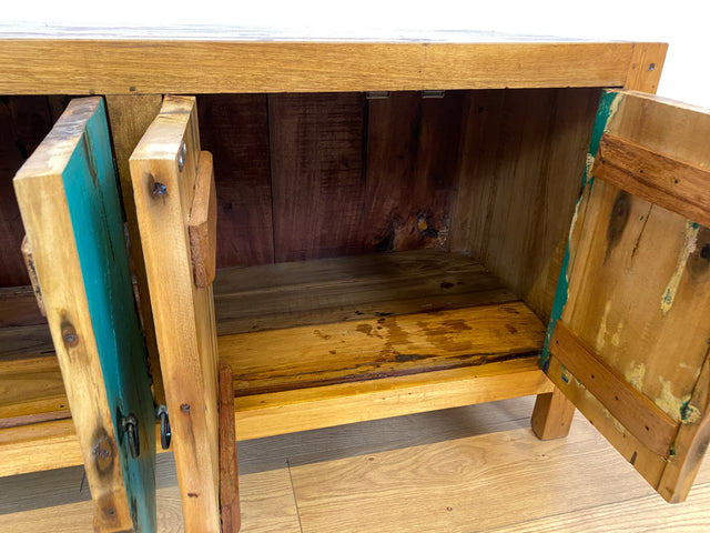 Boatwood by WMK # Schönes langes Sideboard in Meeresblau, ein aus altem Bootsholz handgefertigtes Unikat aus massivem Teakholz # Kommode Lowboard TV-Lowboard TV-Board TV-Bank Anrichte Bootsmöbel Teak