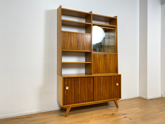 WMK I Stilvolles Mid-Century Highboard mit verspiegelter Vitrine & Schiebetüren I Wohnzimmerschrank Sideboard Regalwand Regal Bücherregal Bücherschrank Bar Barschrank Vintage 60er Berlin Köln Koblenz