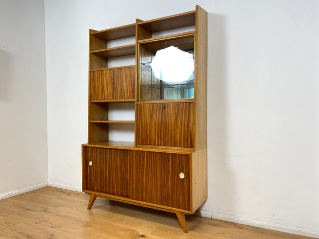 WMK I Stilvolles Mid-Century Highboard mit verspiegelter Vitrine & Schiebetüren I Wohnzimmerschrank Sideboard Regalwand Regal Bücherregal Bücherschrank Bar Barschrank Vintage 60er Berlin Köln Koblenz