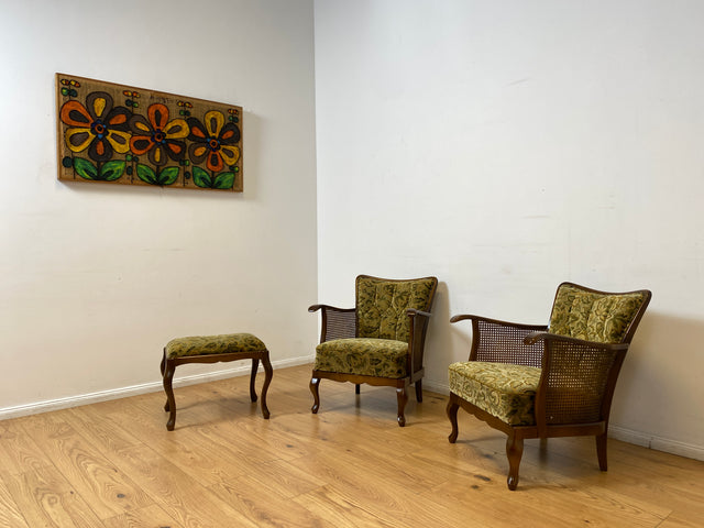 WMK I Eleganter Mid-Century Chippendale Hocker mit wunderschönem grünem Brokat Bezug und Cabriole Beinen I Sitzhocker Fußhocker Schemel Taburett Sitz 60er Vintage Barock Rokoko Berlin München Leipzig