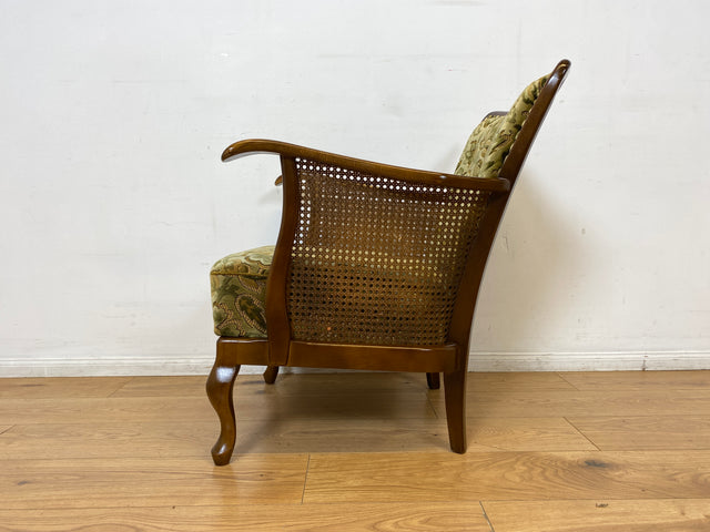 WMK I 1/2 Eleganter Mid-Century Chippendale Sessel mit wunderschönem grünem Brokat Bezug und Armlehnen mit Wiener Geflecht I Clubsessel Lesesessel Armchair 60er Vintage Barock Berlin Hof Hannover