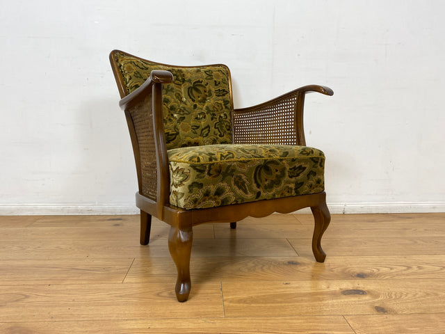 WMK I 1/2 Eleganter Mid-Century Chippendale Sessel mit wunderschönem grünem Brokat Bezug und Armlehnen mit Wiener Geflecht I Clubsessel Lesesessel Armchair 60er Vintage Barock Berlin Hof Hannover