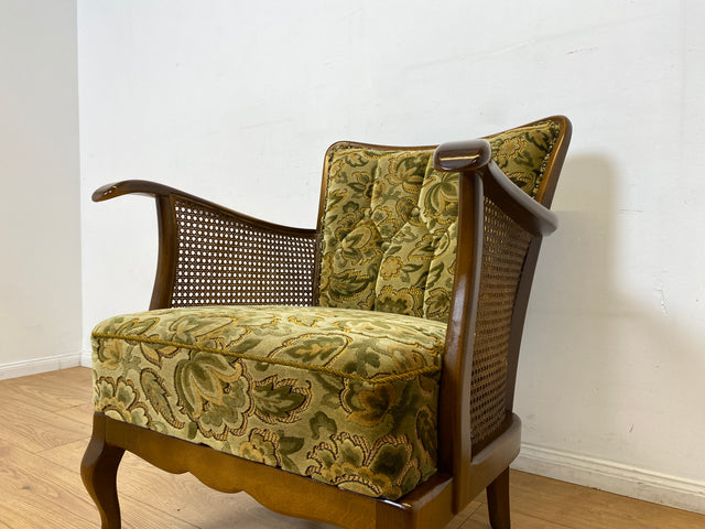 WMK I 1/2 Eleganter Mid-Century Chippendale Sessel mit wunderschönem grünem Brokat Bezug und Armlehnen mit Wiener Geflecht I Clubsessel Lesesessel Armchair 60er Vintage Barock Berlin Hof Hannover