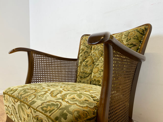 WMK I 1/2 Eleganter Mid-Century Chippendale Sessel mit wunderschönem grünem Brokat Bezug und Armlehnen mit Wiener Geflecht I Clubsessel Lesesessel Armchair 60er Vintage Barock Berlin Hof Hannover