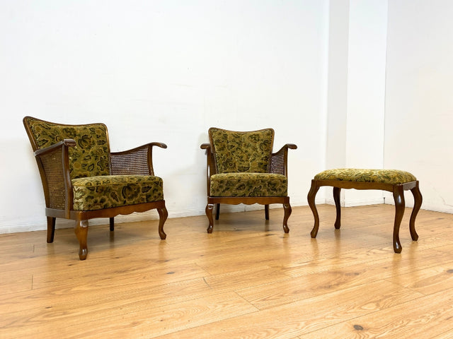 WMK I 1/2 Eleganter Mid-Century Chippendale Sessel mit wunderschönem grünem Brokat Bezug und Armlehnen mit Wiener Geflecht I Clubsessel Lesesessel Armchair 60er Vintage Barock Berlin Hof Hannover