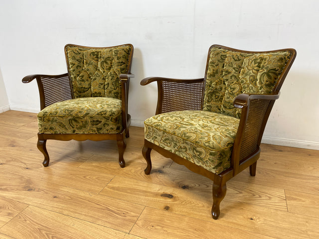 WMK I 1/2 Eleganter Mid-Century Chippendale Sessel mit wunderschönem grünem Brokat Bezug und Armlehnen mit Wiener Geflecht I Clubsessel Lesesessel Armchair 60er Vintage Barock Berlin Hof Hannover