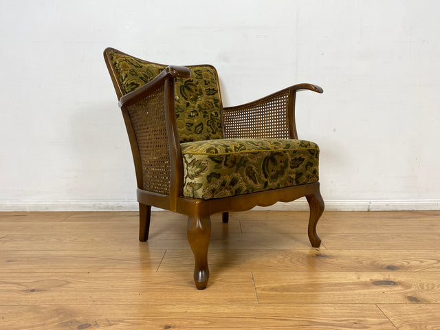 WMK I 1/2 Eleganter Mid-Century Chippendale Sessel mit wunderschönem grünem Brokat Bezug und Armlehnen mit Wiener Geflecht I Clubsessel Lesesessel Armchair 60er Vintage Barock Berlin Hof Hannover