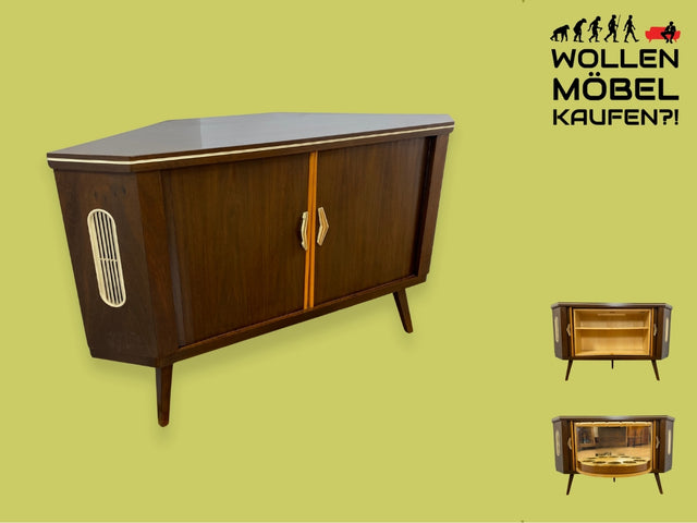 WMK I Seltene Mid-Century Eckkommode mit drehbarem verspiegeltem Barfach & Schiebetüren I Barkommode Barschrank Eckschrank Kommode Bar Minibar Hausbar 50er 60er Vintage Rockabilly Berlin Hamburg Köln