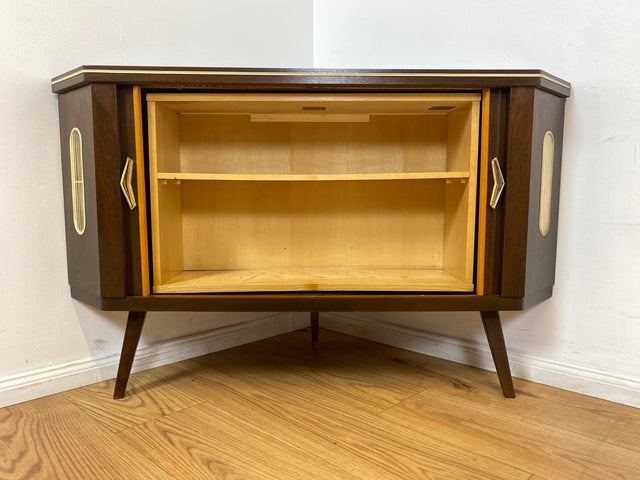 WMK I Seltene Mid-Century Eckkommode mit drehbarem verspiegeltem Barfach & Schiebetüren I Barkommode Barschrank Eckschrank Kommode Bar Minibar Hausbar 50er 60er Vintage Rockabilly Berlin Hamburg Köln