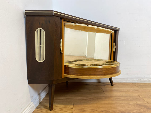 WMK I Seltene Mid-Century Eckkommode mit drehbarem verspiegeltem Barfach & Schiebetüren I Barkommode Barschrank Eckschrank Kommode Bar Minibar Hausbar 50er 60er Vintage Rockabilly Berlin Hamburg Köln