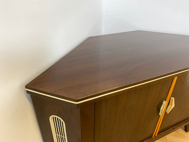 WMK I Seltene Mid-Century Eckkommode mit drehbarem verspiegeltem Barfach & Schiebetüren I Barkommode Barschrank Eckschrank Kommode Bar Minibar Hausbar 50er 60er Vintage Rockabilly Berlin Hamburg Köln