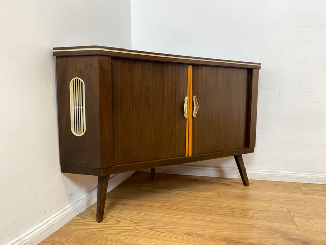 WMK I Seltene Mid-Century Eckkommode mit drehbarem verspiegeltem Barfach & Schiebetüren I Barkommode Barschrank Eckschrank Kommode Bar Minibar Hausbar 50er 60er Vintage Rockabilly Berlin Hamburg Köln