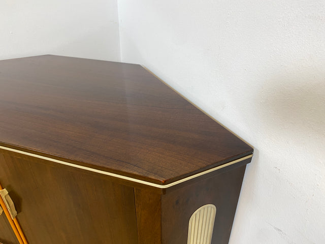 WMK I Seltene Mid-Century Eckkommode mit drehbarem verspiegeltem Barfach & Schiebetüren I Barkommode Barschrank Eckschrank Kommode Bar Minibar Hausbar 50er 60er Vintage Rockabilly Berlin Hamburg Köln