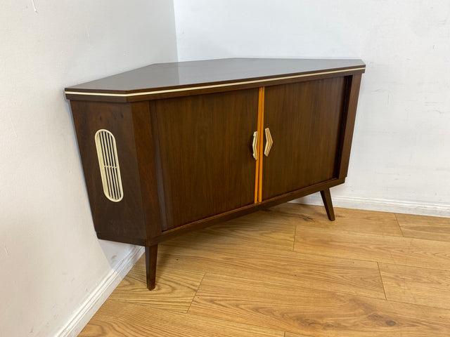 WMK I Seltene Mid-Century Eckkommode mit drehbarem verspiegeltem Barfach & Schiebetüren I Barkommode Barschrank Eckschrank Kommode Bar Minibar Hausbar 50er 60er Vintage Rockabilly Berlin Hamburg Köln