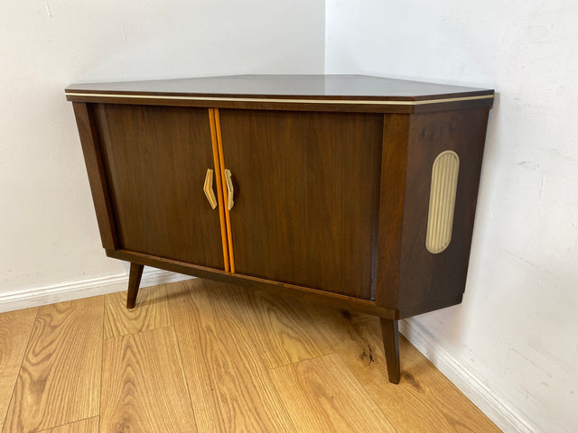 WMK I Seltene Mid-Century Eckkommode mit drehbarem verspiegeltem Barfach & Schiebetüren I Barkommode Barschrank Eckschrank Kommode Bar Minibar Hausbar 50er 60er Vintage Rockabilly Berlin Hamburg Köln