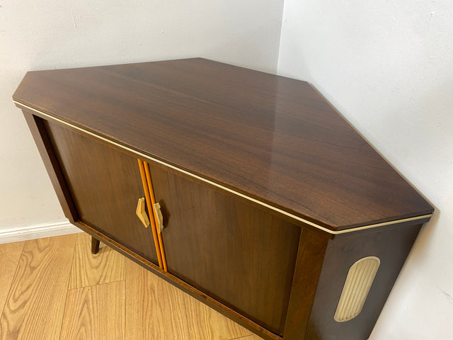 WMK I Seltene Mid-Century Eckkommode mit drehbarem verspiegeltem Barfach & Schiebetüren I Barkommode Barschrank Eckschrank Kommode Bar Minibar Hausbar 50er 60er Vintage Rockabilly Berlin Hamburg Köln