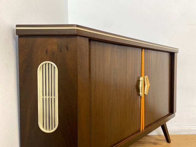 WMK I Seltene Mid-Century Eckkommode mit drehbarem verspiegeltem Barfach & Schiebetüren I Barkommode Barschrank Eckschrank Kommode Bar Minibar Hausbar 50er 60er Vintage Rockabilly Berlin Hamburg Köln